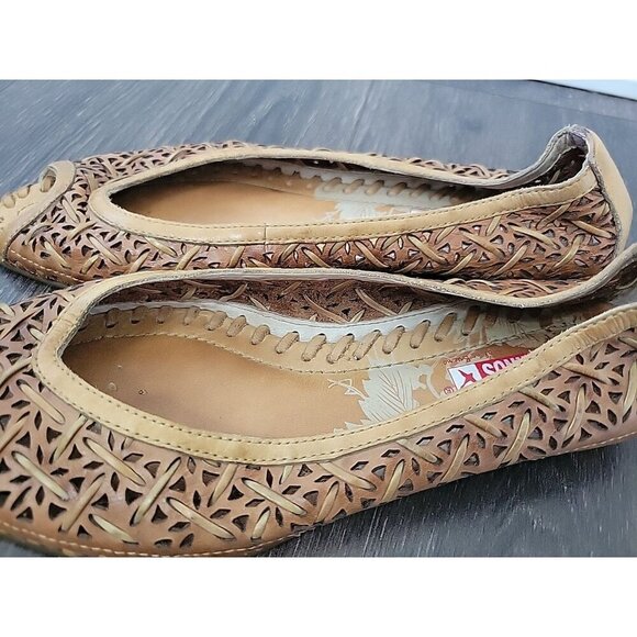 Pikolinos Relax Cutout Camel Brown Leather Peep Toe Flats Sz EU 36 US 5.5 - 6 - Picture 4 of 8